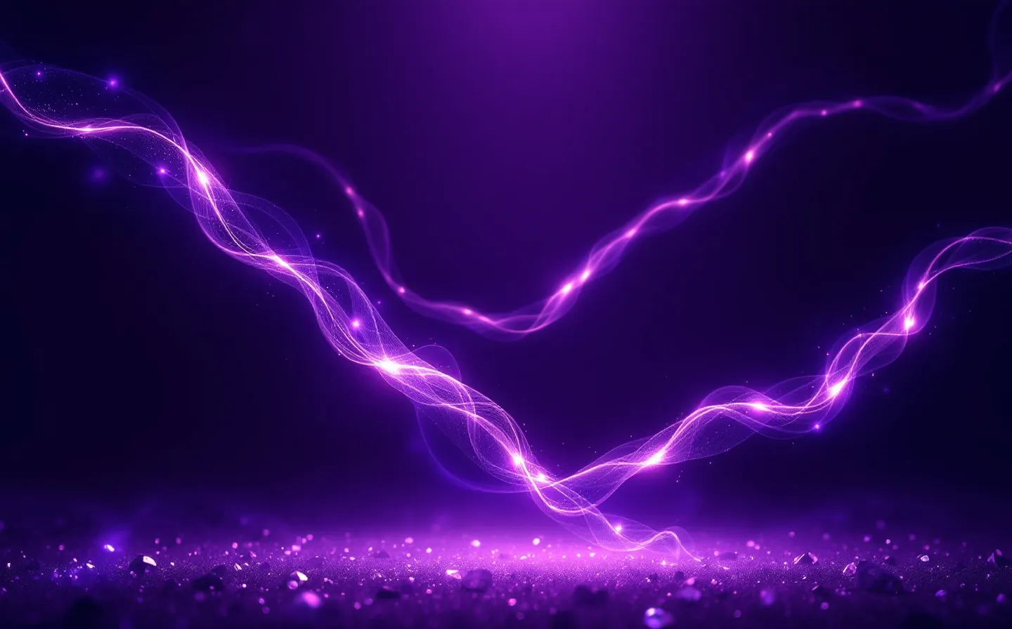 Four luminous strands gathered into one spotlit composition on a deep amethyst ground